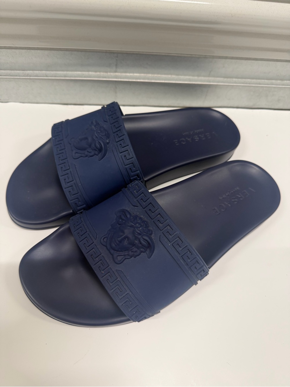 Versace Palazzo Medusa pool slides in navy blue
